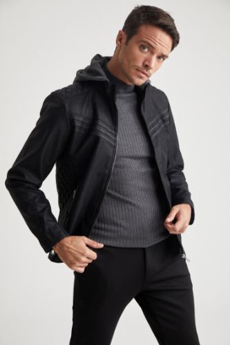 Örme Kapüşonlu Slim Fit Suni Deri Mont