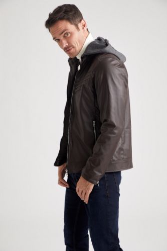 Örme Kapüşonlu Slim Fit Suni Deri Mont