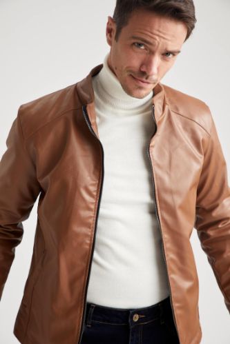 Suni Deri Slim Fit Dik Yaka Mont