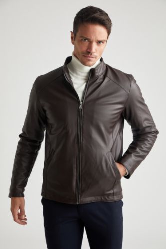 Suni Deri Slim Fit Dik Yaka Mont