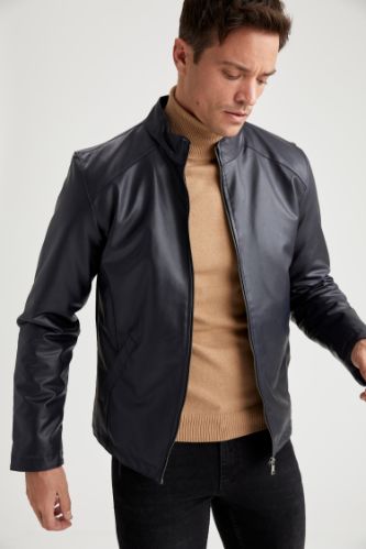 Suni Deri Slim Fit Dik Yaka Mont