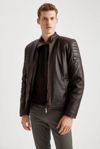 Suni Deri Slim Fit Dik Yaka Mont
