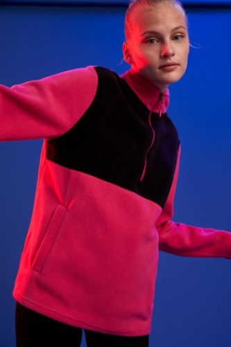 Fermuarlı Dik Yaka Renk Bloklu Sweatshirt