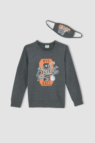 Erkek Çocuk Baskılı Sweatshirt ve Maskeli Takım