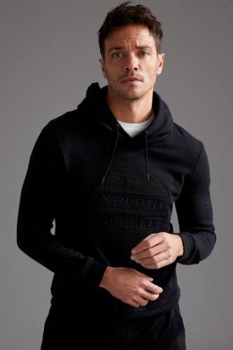 Explore İşlemeli Slim Fit Kapüşonlu Sweatshir