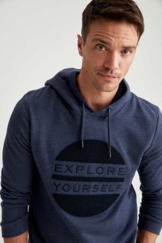 Explore İşlemeli Slim Fit Kapüşonlu Sweatshirt