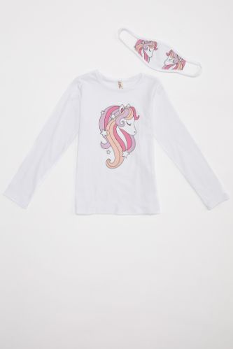 Kız Çocuk Unicorn Baskılı Tişört ve Maske Takım
