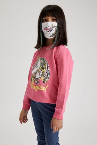 Kız Çocuk Unicorn Baskılı Sweatshirt ve Maske Takım