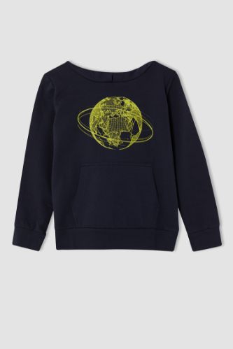 Erkek Çocuk Dünya Baskılı Kapüşonlu Sweatshirt