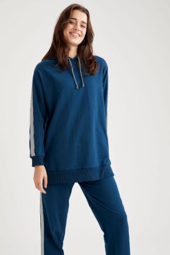 Sim Şerit Detaylı Kapüşonlu Relax Fit Uzun Sweat Tunik
