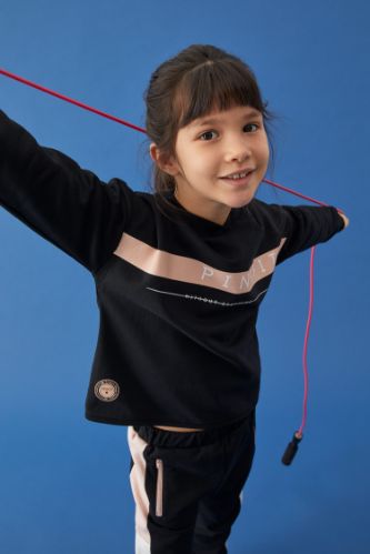 Kız Çocuk Relax Fit Yazı Baskılı Kapüşonlu Sweatshirt