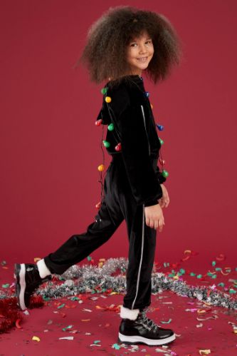 Kız Çocuk Kadife Kumaş Sweatshirt ve Jogger Eşofman Takım