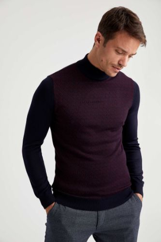 Desenli Slim Fit Triko Balıkçı Yaka Triko Kazak