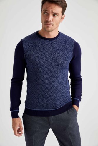 Desenli Slim Fit Bisiklet Yaka Triko Kazak