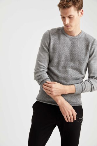 Desenli Slim Fit Bisiklet Yaka Triko Kazak