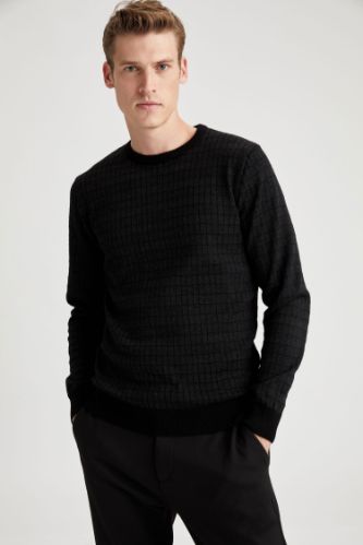 Desenli Slim Fit Bisiklet Yaka Triko Kazak