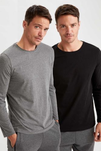 Slim Fit Uzun Kollu Bisiklet Yaka Tişört 2'li Set