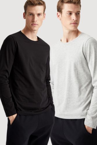 Slim Fit Uzun Kollu Bisiklet Yaka Tişört 2'li Set