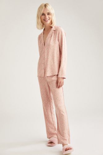 Egzotik Çiçek Baskılı Gömlek Tasarımlı Pijama Takımı