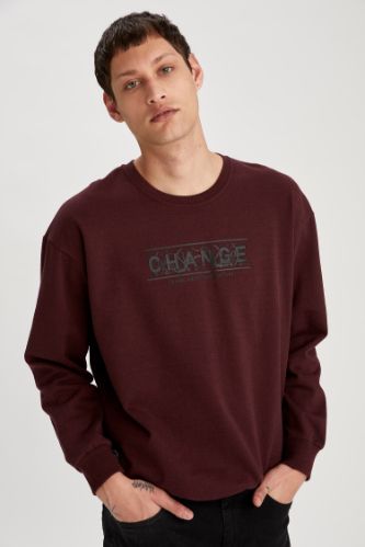 Oversize Fit Bisiklet Yaka Slogan Desenli Uzun Kollu İçi Yumuşak Tüylü Sweatshirt