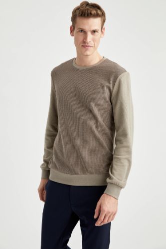 Slim Fit Bisiklet Yaka Fermuarsız Pamuklu Uzun Kollu Sweatshirt