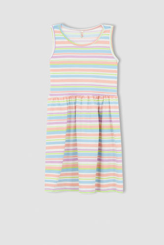 فستان بناتي صيفي قطن مخطط بدون أكمام