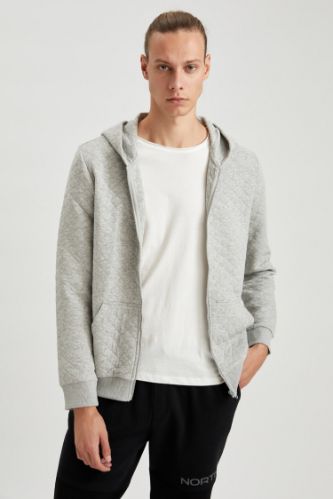 Slim Fit Kapüşonlu Fermuarlı Uzun Kollu Sweatshirt