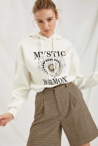 Baskılı Kapüşonlu Relax Fit Sweatshirt