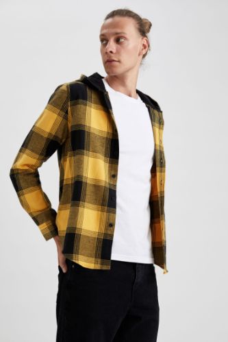 Slim Fit Uzun Kollu Kapüşonlu Ekose Gömlek