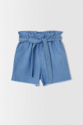 Kız Çocuk Paperbag Esnek Belli Kuşaklı Jean Şort