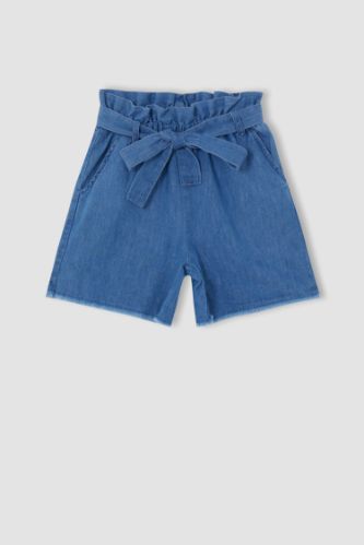 Kız Çocuk Paperbag Esnek Belli Kuşaklı Jean Şort