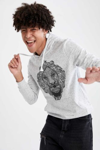 Slim Fit Kapüşonlu Baskılı Sweatshirt