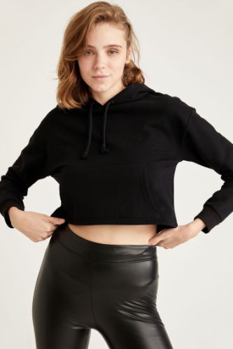 Basic Kapüşonlu Relax Fit Crop Sweatshirt