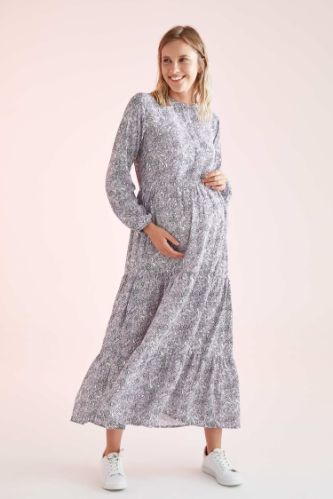 Volanlı Çicek Desenli Maxi Elbise