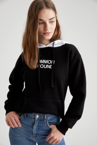 Oversize Fit Slogan Baskılı Kapüşonlu Sweatshirt