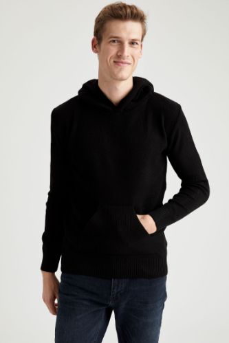 Kapüşonlu Kanguru Cepli Slim Fit Triko Kazak