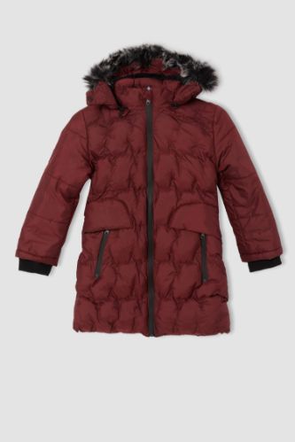 Kız Çocuk Uzun Suni Kürk Detaylı Kapüşonlu Kapitone Parka