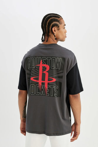 DeFactoFit NBA Houston Rockets Oversize Fit Bisiklet Yaka Baskılı Kısa Kollu Tişört