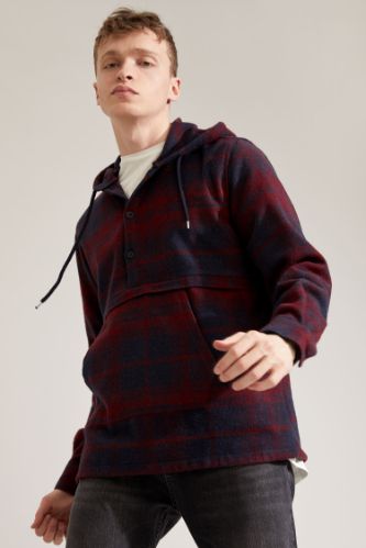 Regular Fit Kapüşonlu Oduncu Kanguru Gömlek