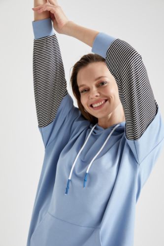 Renk Bloklu Kapüşonlu Kanguru Cepli Sweat Tunik