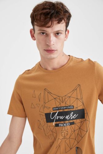 Slim Fit Bisiklet Yaka Baskılı Kısa Kollu Tişört