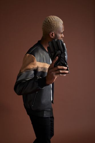 Slim Fit Renk Bloklu Kolej Yaka Bomber Suni Deri Ceket