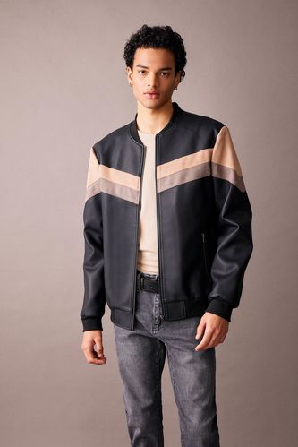 Slim Fit Color Blocked Faux Leather Bomber Jacket