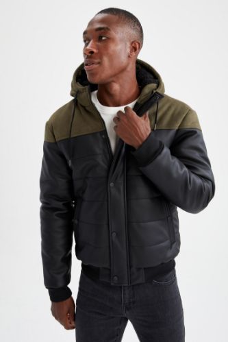 Slim Fit Kapüşonlu Suni Deri Şişme Mont