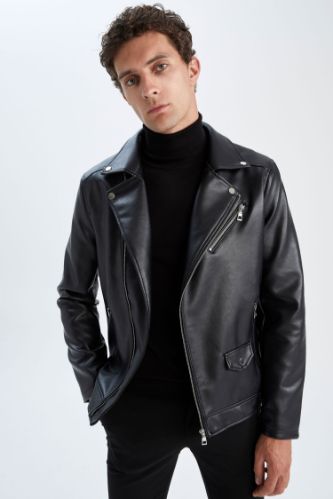 Slim Fit Suni Deri Biker Mont