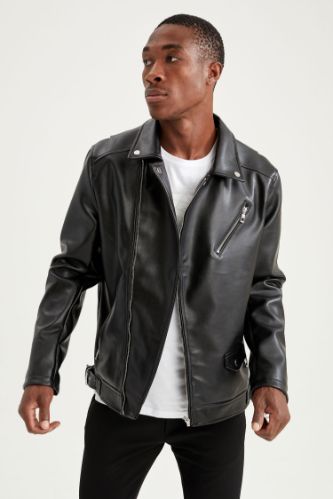 Slim Fit Suni Deri Biker Mont