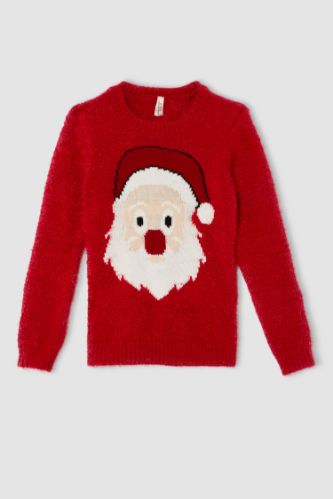 Kız Çocuk Yılbaşı Temalı Bisiklet Yaka Noel Baba Figürlü Triko Kazak