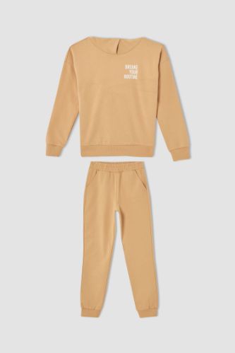 Kız Çocuk Yazı Baskılı Organik Sweatshirt ve Jogger Eşofman Alt Takımı