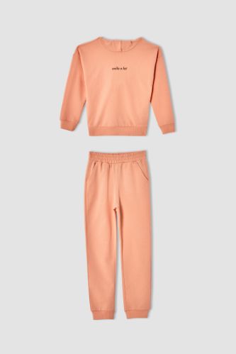 Kız Çocuk Yazı Baskılı Organik Sweatshirt ve Jogger Eşofman Alt Takımı