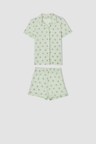 Kız Çocuk Puantiyeli Ceket Yaka Kısa Kollu Pijama Takımı